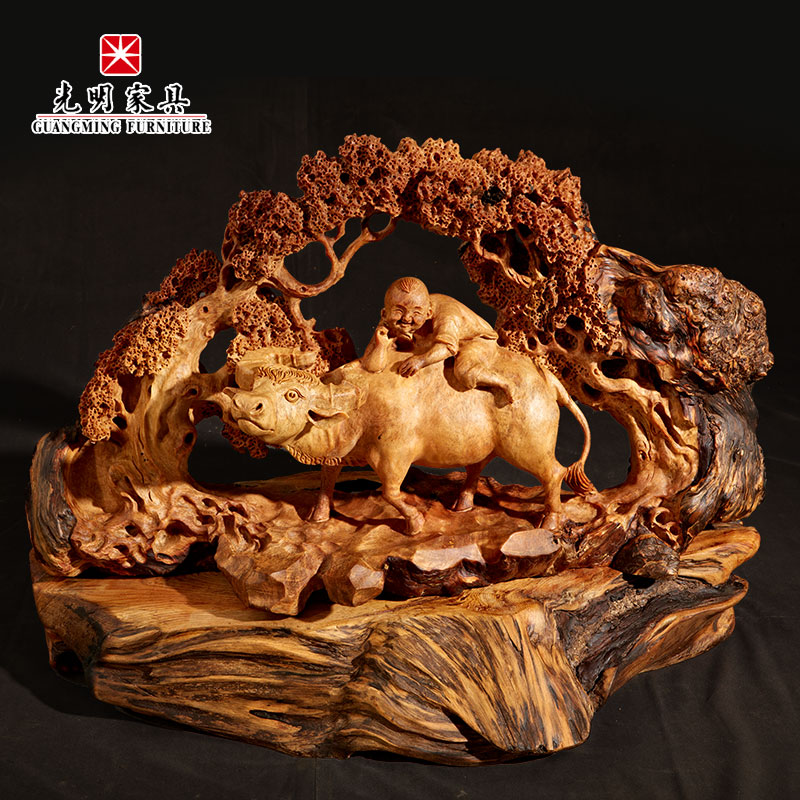 【光明家具】紅松沉香木根藝手工雕刻擺件-牧童 【光明家具】紅松沉香木根藝手工雕刻擺件-牧童
