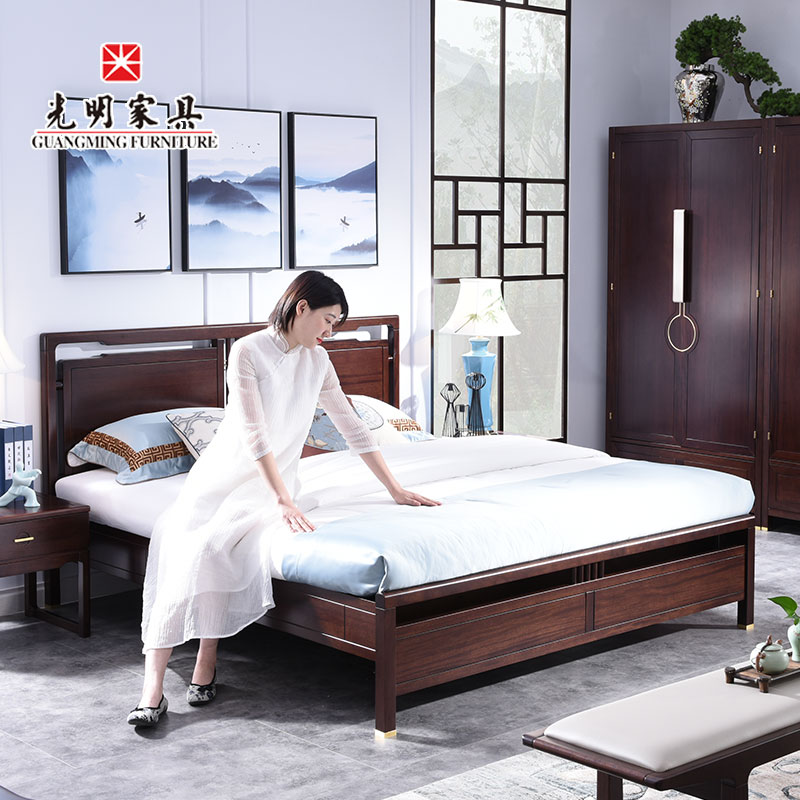 【光明家具】進口紅斑馬木實木床 新中式臥室909-1502-180 【光明家具】進口紅斑馬木實木床 新中式臥室909-1502-180