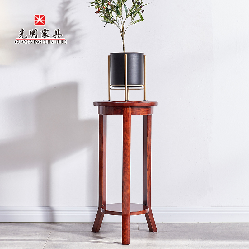 【光明家具】水曲柳實(shí)木花架，圓形木質(zhì)書房置物架，客廳落地花架花幾108B-82520-80
